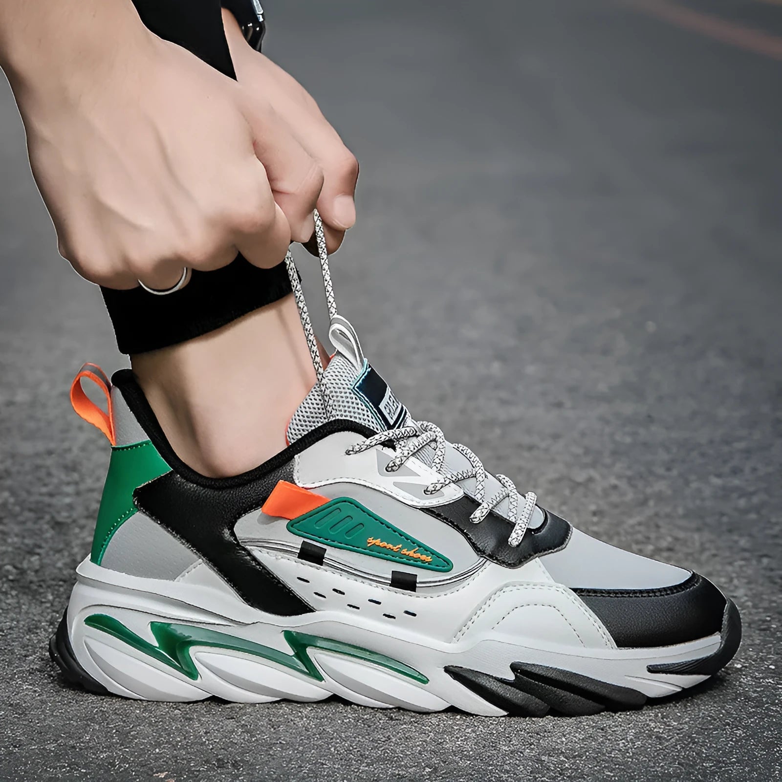 Men's PU leather casual shoes in green and orange colour options, simple style