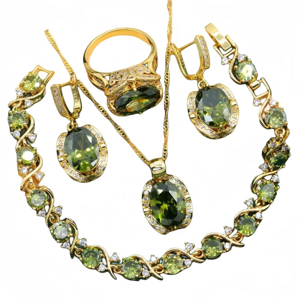Olive green rhinestone zircon jewellery set with snake bone chain necklace, matching earrings, and ring.