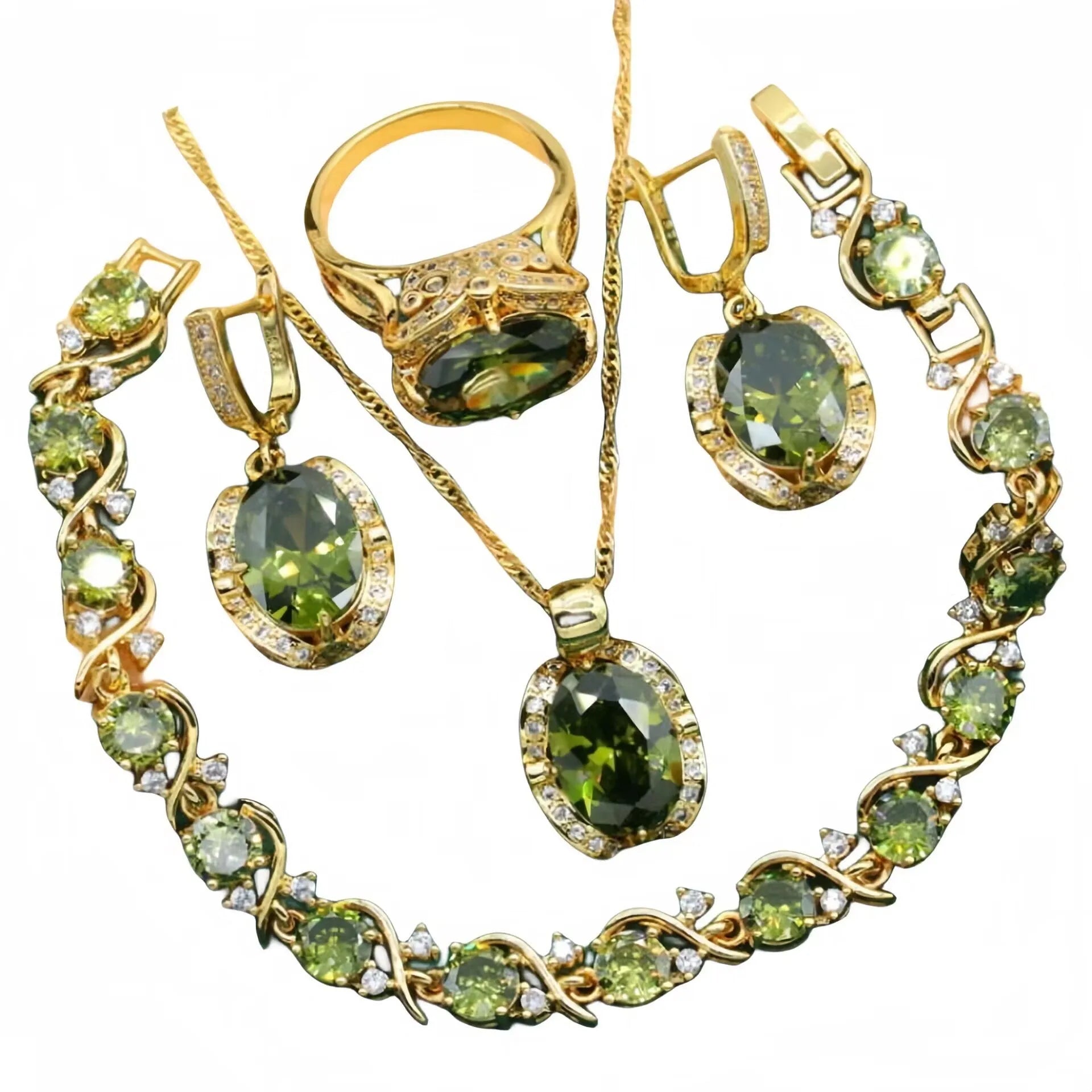 Olive green rhinestone zircon jewellery set with snake bone chain necklace, matching earrings, and ring.