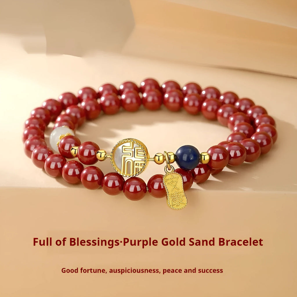 Women's S925 sterling silver bracelet with cinnabar blessing card pendant and purple gold sandstone accents