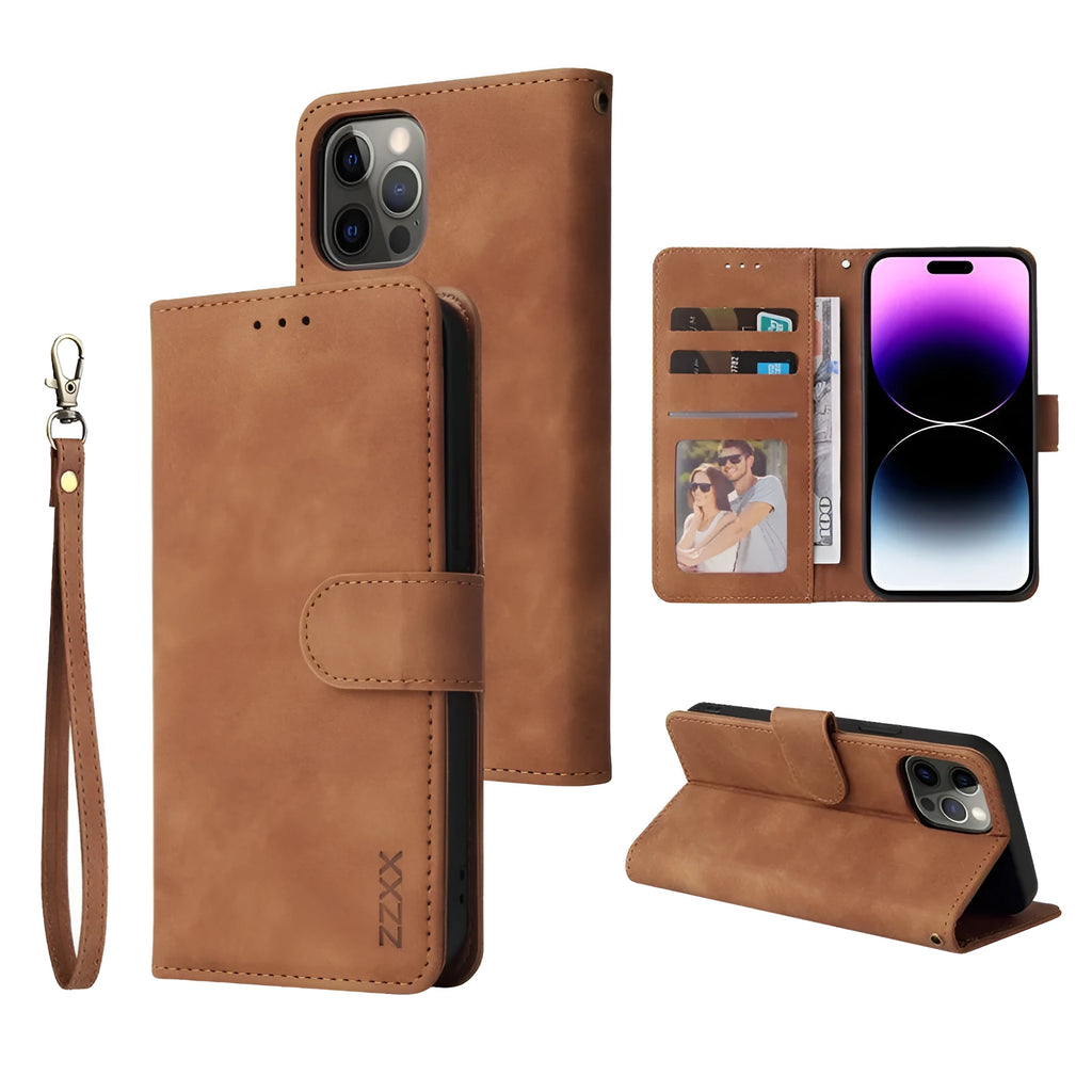 Flip case wallet card holder for iPhone 15 in brown with card slots and stand open