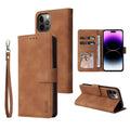 Flip case wallet card holder for iPhone 15 in brown with card slots and stand open