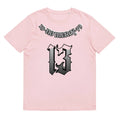 Loose fit cotton t-shirt on a hanger in grey, shown with short sleeves and a round neck.