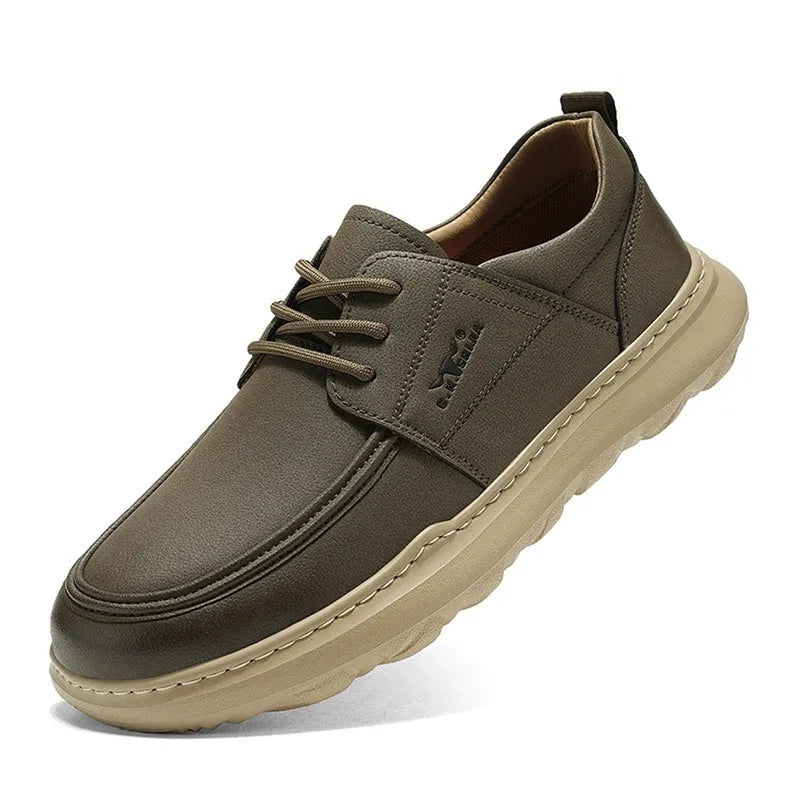 Men's casual leather shoes with lightweight rubber foam sole, plain surface, available in yellow and gray, sizes 38-44