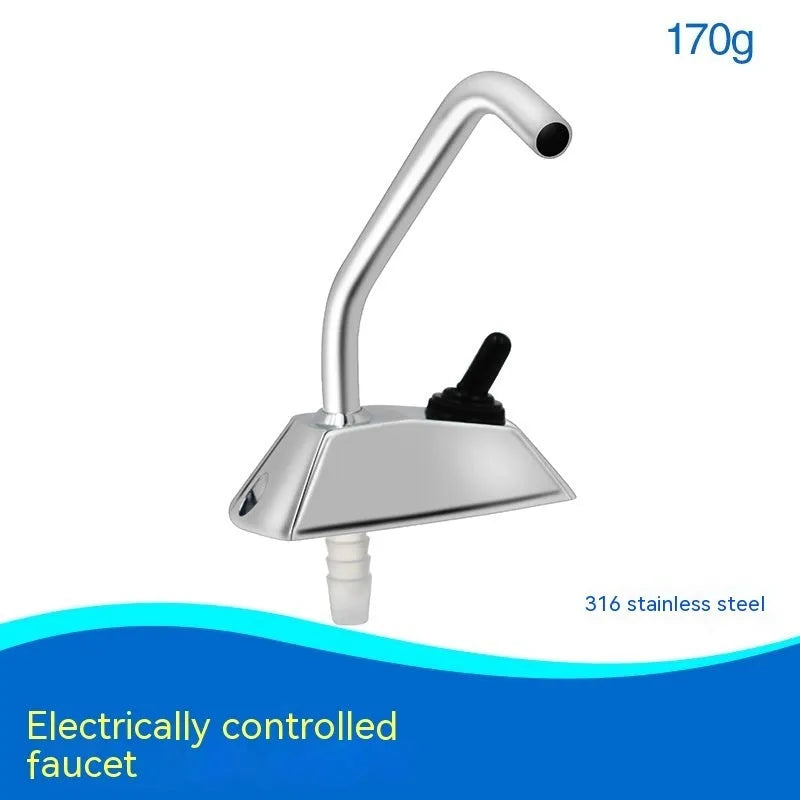 Electronic control RV kitchen faucet in mirror-polished 316 stainless steel with rotating spout.