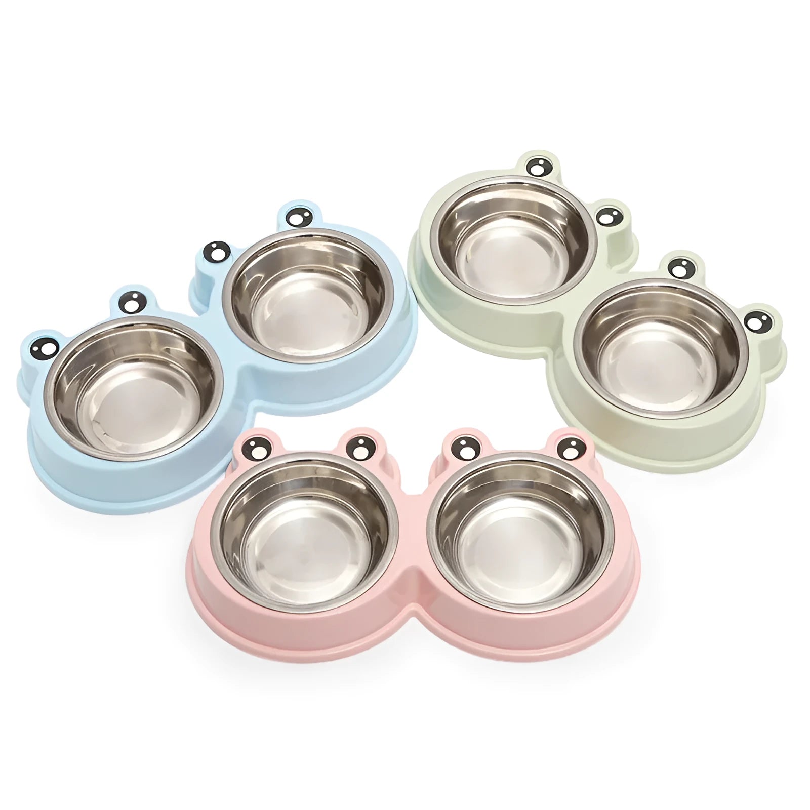 Blue stainless steel double pet bowl for cats and dogs with non-slip rubber base.