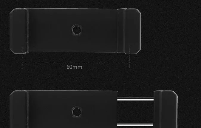 Silver aluminium alloy handheld phone mounting bracket for table top tripods, shown next to an iPhone.