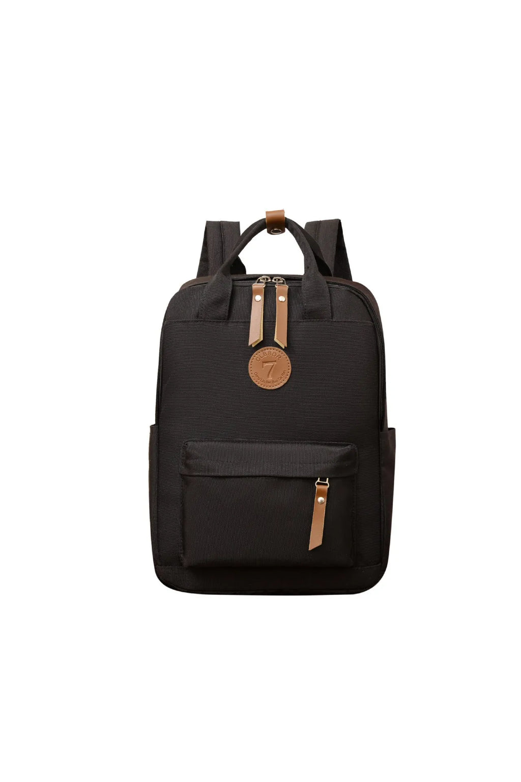 Black retro-style Oxford cloth backpack with curved shoulder straps and sewing thread detail.