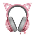 Pink wired USB cat ear headphones with glowing LED lighting on a head-mounted design