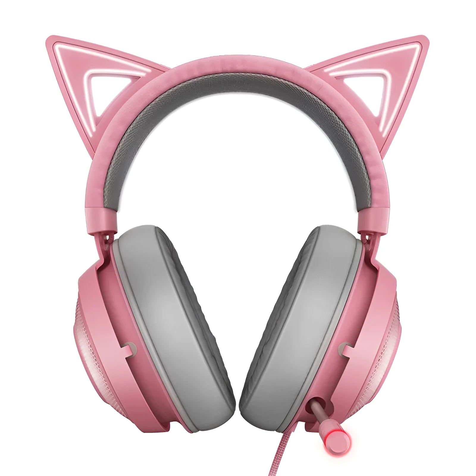 Pink wired USB cat ear headphones with glowing LED lighting on a head-mounted design