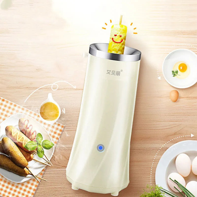 Beige white and green mini breakfast machine on a kitchen countertop.