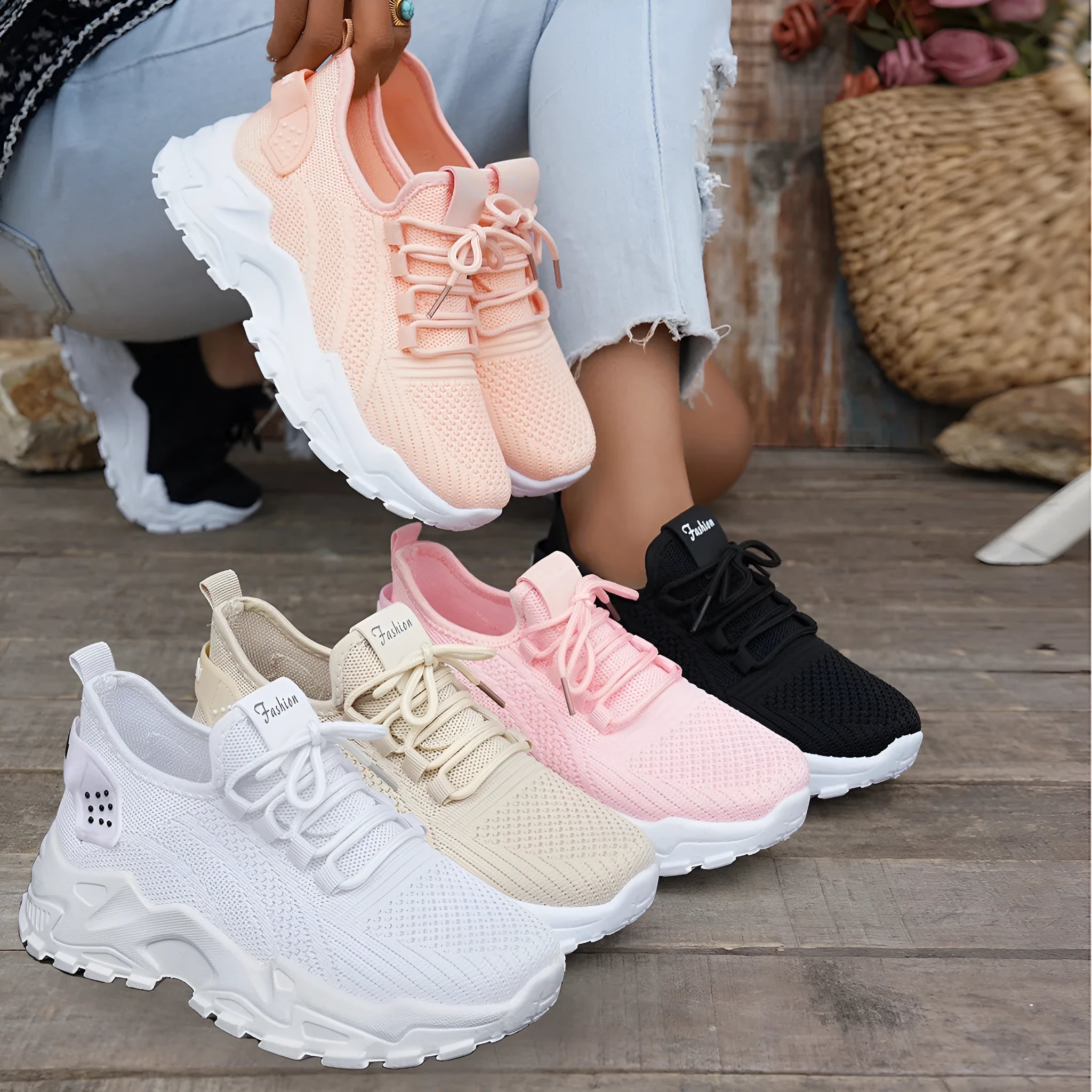 Women's flyknit mesh casual sports shoes in multiple colours with flat heel and round toe design