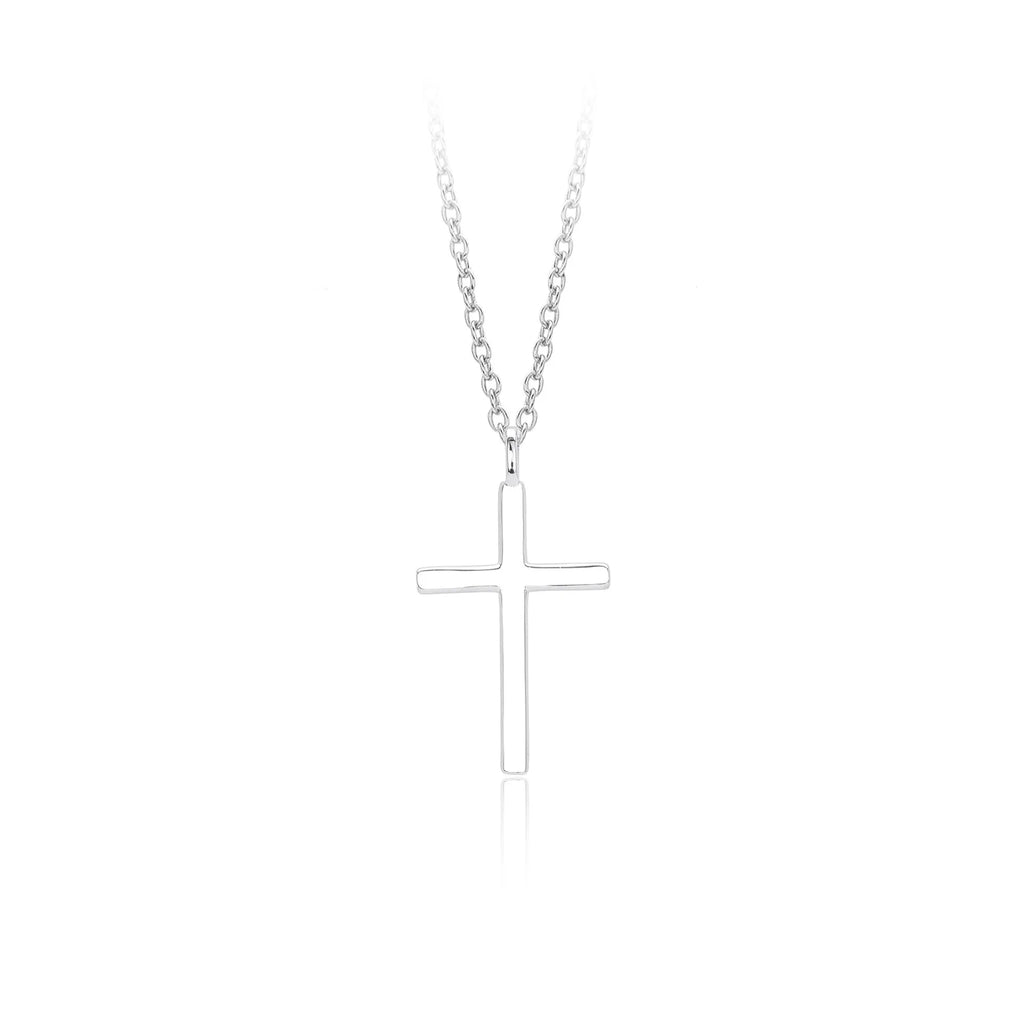 Sterling silver necklace with cross pendant on O-shaped chain showing gold electroplated finish