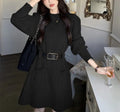 Women's long sleeve loose knitted dress with high waist and black belt in polyester fabric