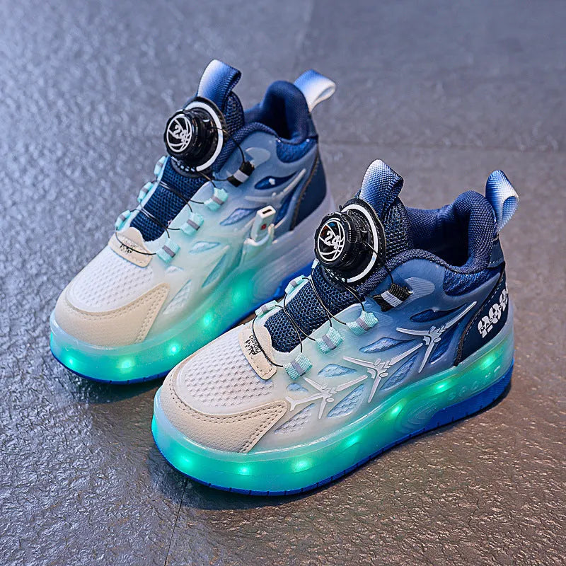 Children's flash knob roller skating shoes with adjustable closure in blue, black, or pink colours