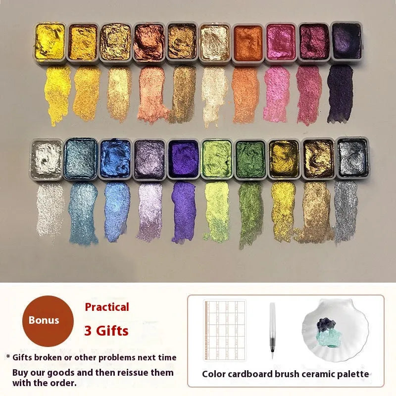 Traditional Chinese painting watercolour set showing 20 colours in warm and cold palettes with red and white gold metallic tubes