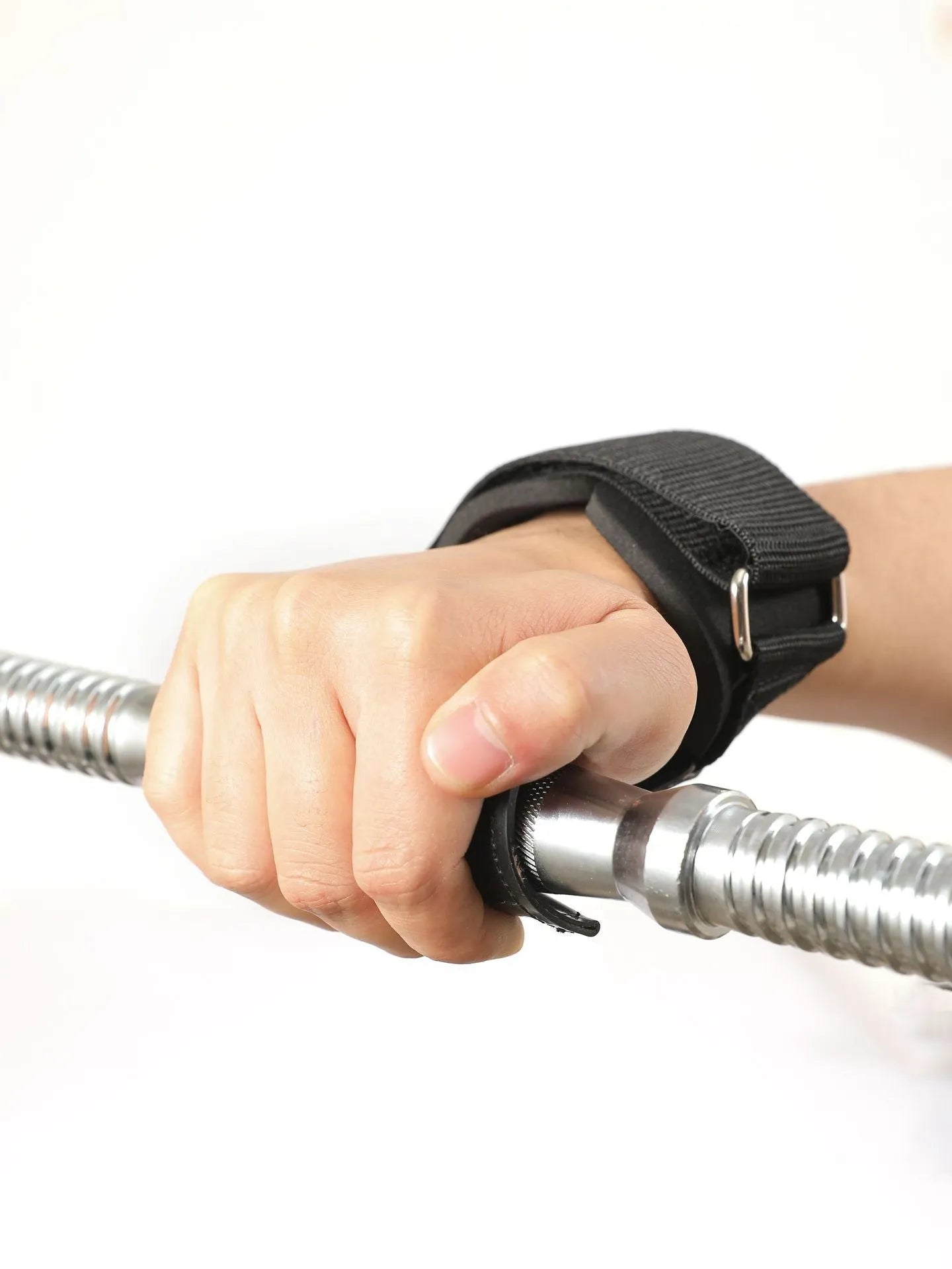 A pair of black rubber booster hoses for weightlifting grip and palm protection.