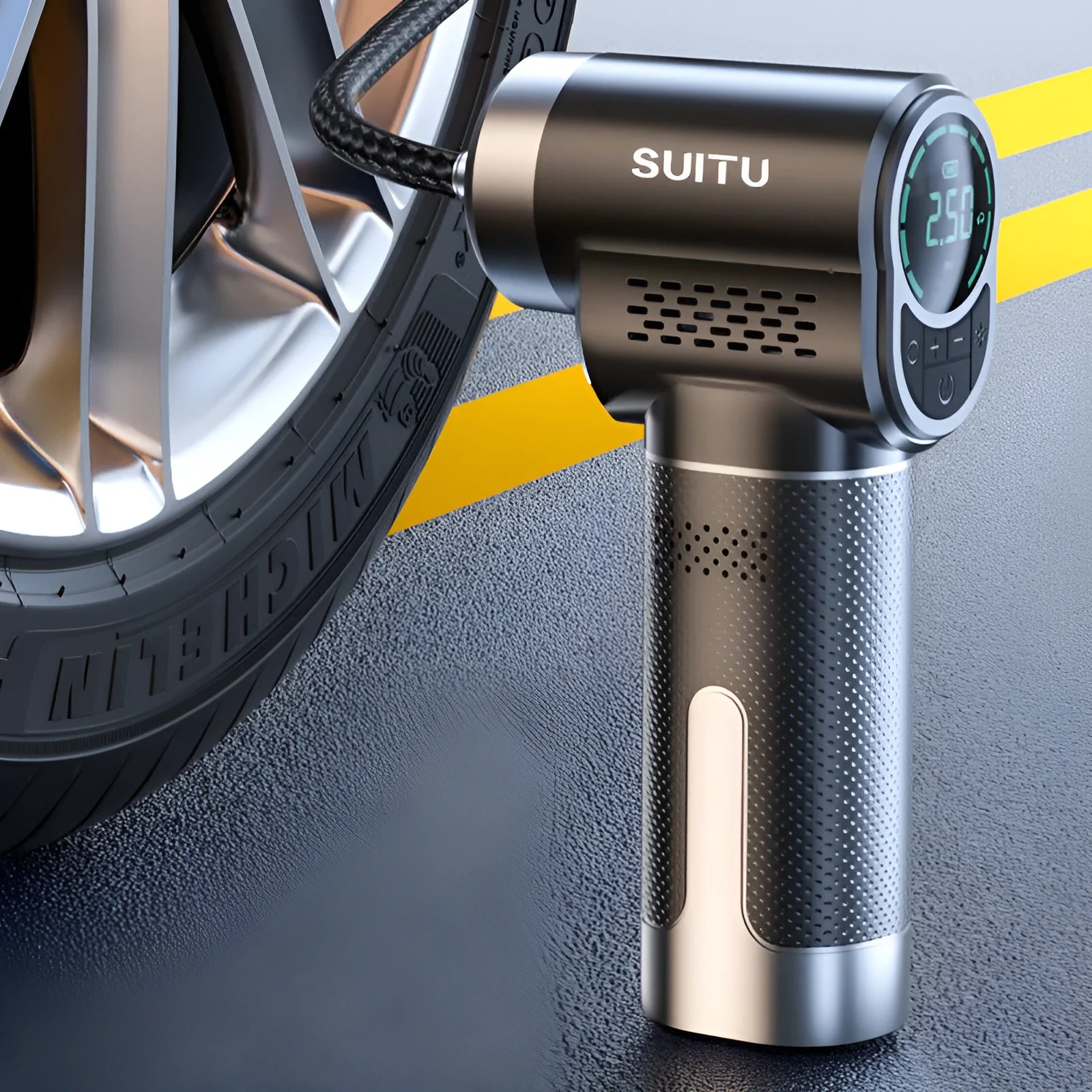 ST-5518 portable wireless car tyre inflation pump with automatic pressure monitoring and LED light