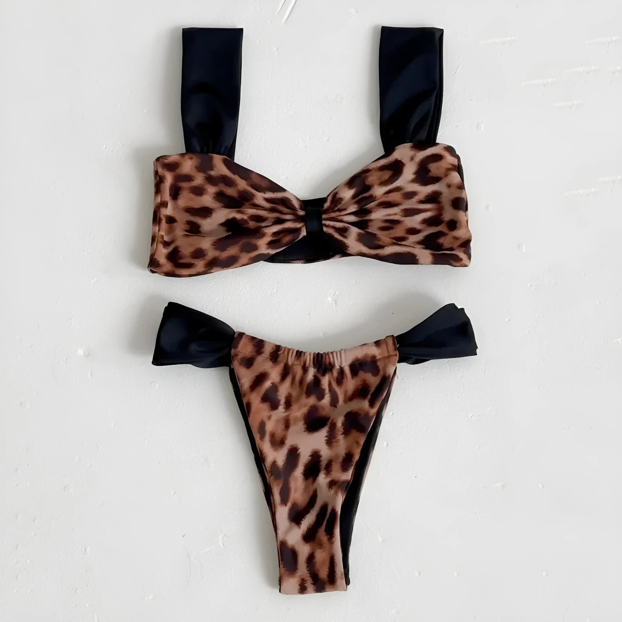 Women's leopard print bikini set with sleeveless tube top and split-style bottoms