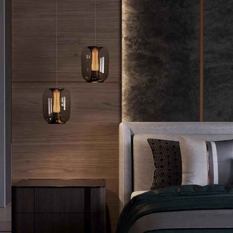Nordic minimalist glass chandelier pendant light in clear, cognac, or smoky grey colour options