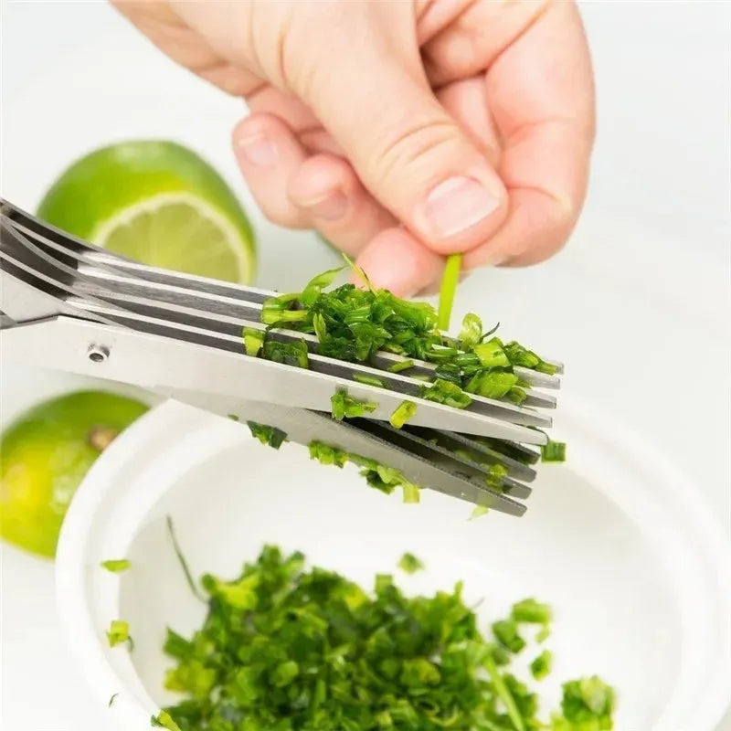 Green multi-layer stainless steel kitchen scissors for cutting herbs and green onions