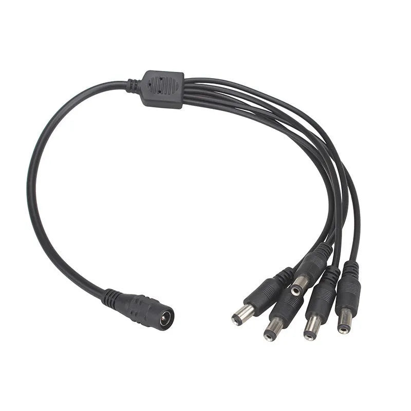 Black 12V DC one-to-four monitoring power splitter cable with 5.5mm connectors for CCTV cameras
