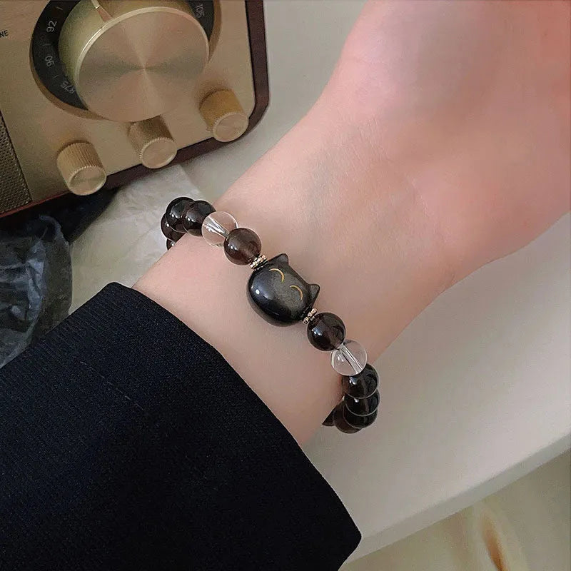 Women's silver stone cat head bracelet with 8mm ice stone beads and opal accents