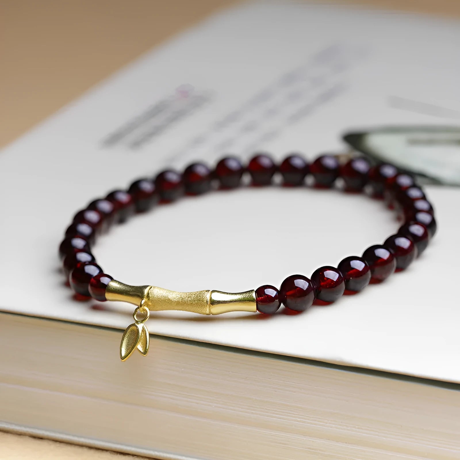 Natural garnet bamboo joint bracelet with 6mm single ring design in copper or silver finish