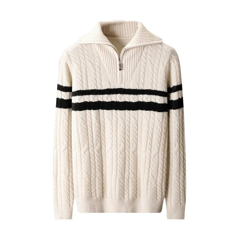 Thickened zipper lapel high collar loose sweater in dark gray with raglan sleeves, front view on model