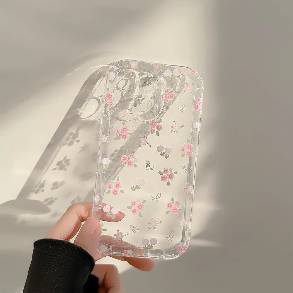 Transparent TPU phone case with crushed flower flowing sand pattern for Apple iPhone showing camera cutout and 3D keys