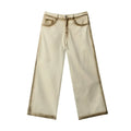 Beige loose straight floor-length cotton pants with mid-rise waist and non-stretch fabric