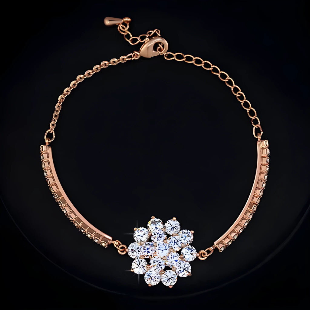 Rose gold cubic zirconia bracelet for women with adjustable 13-19cm length and cross, crown or Roman numeral design.