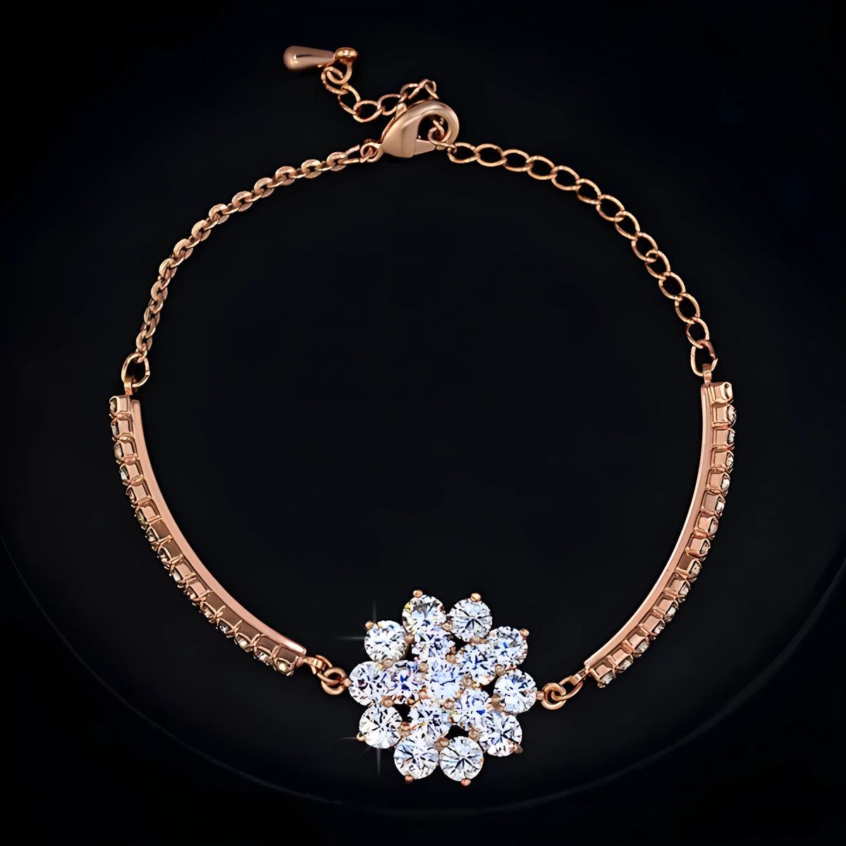 Rose gold cubic zirconia bracelet for women with adjustable 13-19cm length and cross, crown or Roman numeral design.