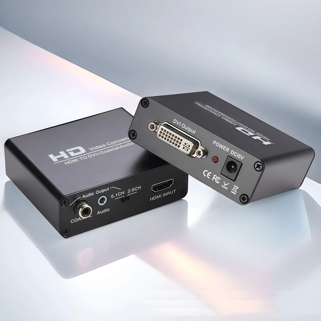 Black HDMI to DVI converter unit with coaxial audio output port and a 1.5 metre cable.