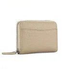 Genuine leather zipper coin purse in solid colour with sewing line detailing