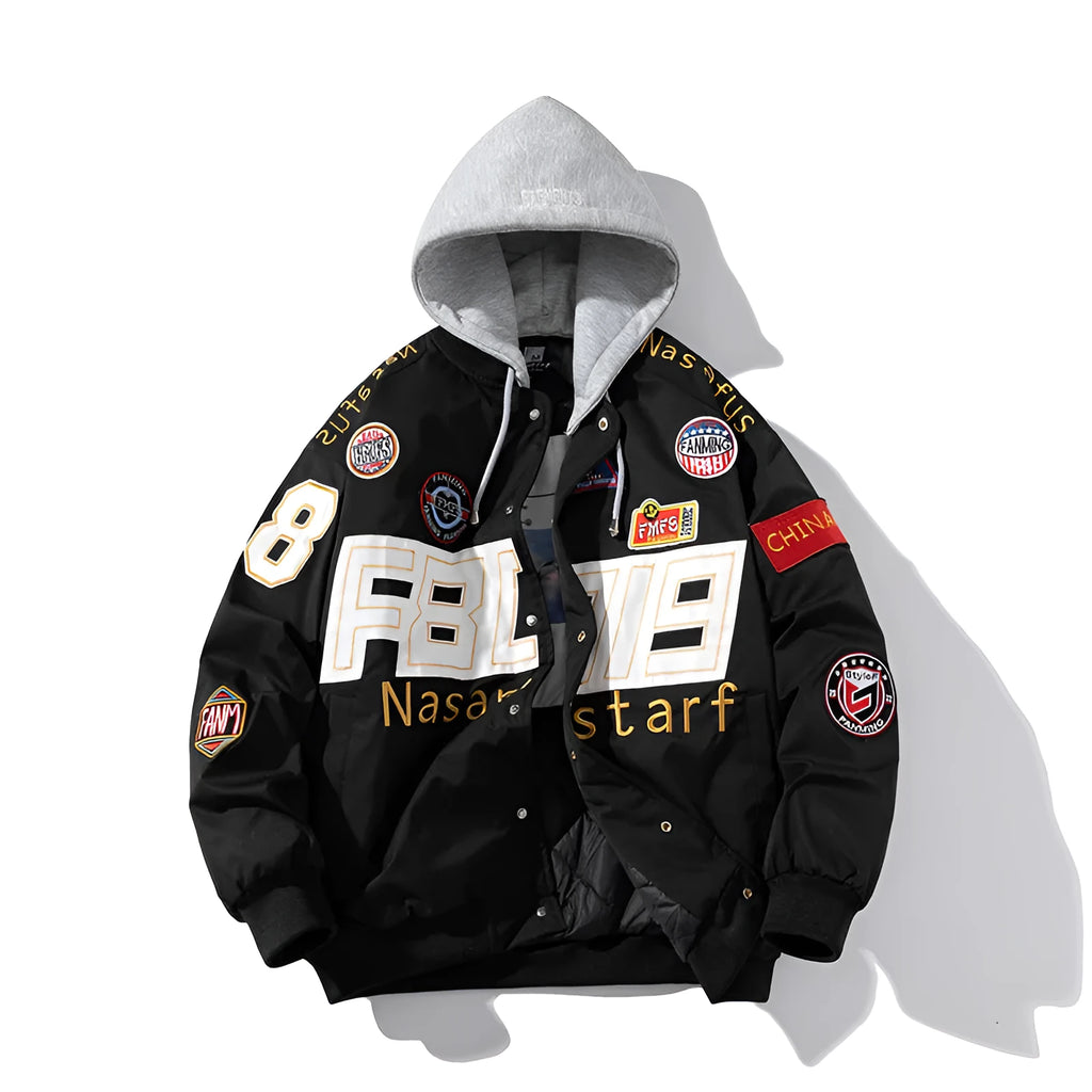 Motorcycle baseball uniform jacket with hood in black, red or blue colours for autumn winter riding