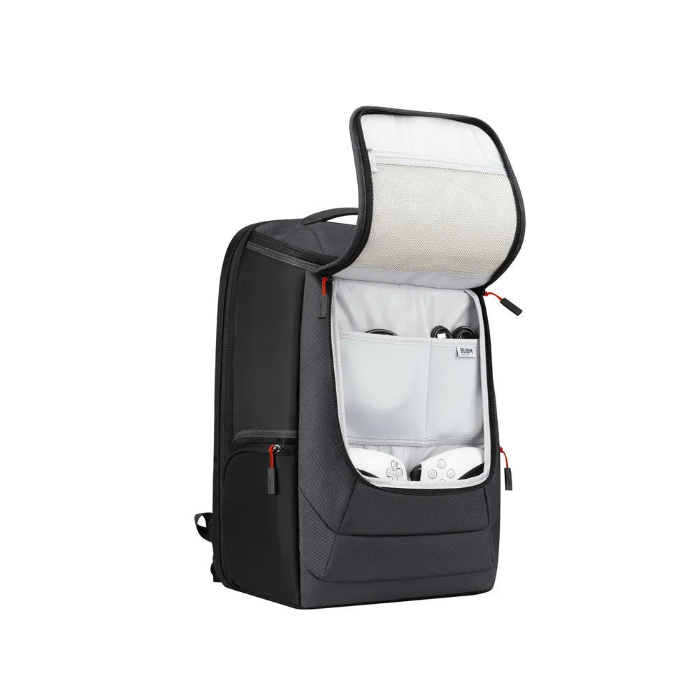 Black nylon game console storage bag for PS5 and console kits, 49 x 33 x 24cm, sewn construction, one bag.