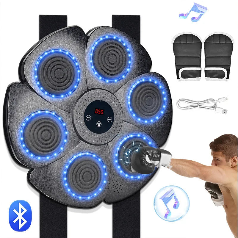 Black smart boxing wall target with LED lights, Bluetooth, and included half-finger gloves