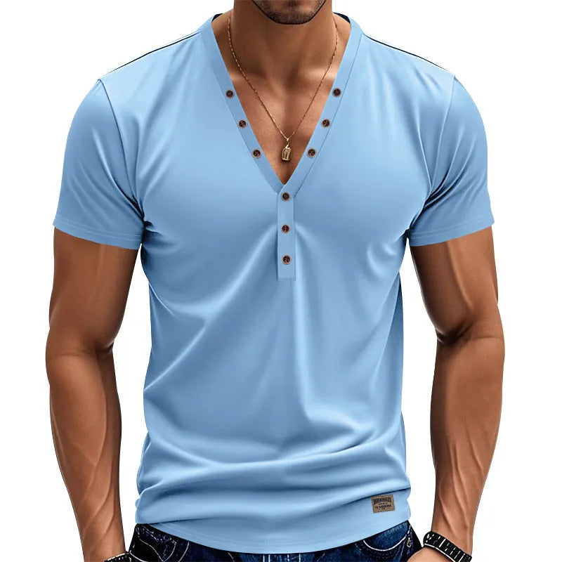 Men's loose V-neck casual top with button detail in chemical fibre blend fabric