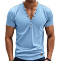 Men's loose V-neck casual top with button detail in chemical fibre blend fabric