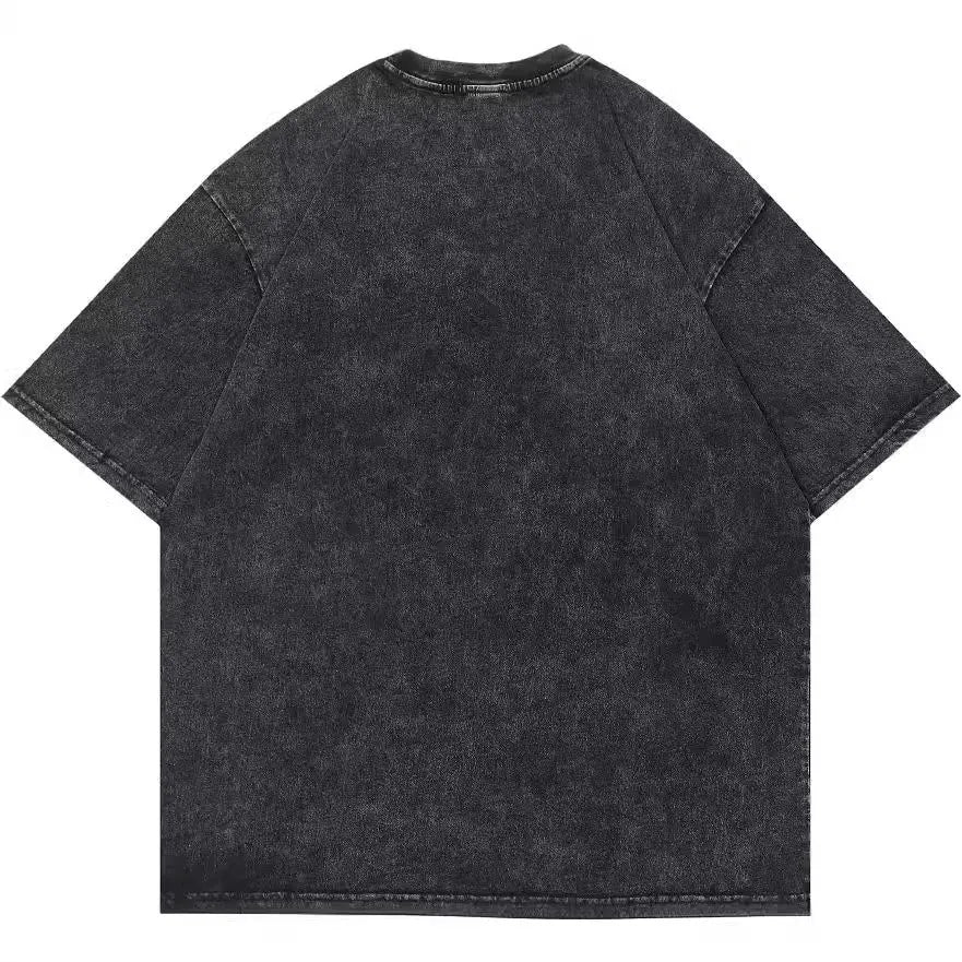 Men's loose fit cotton T-shirt with cartoon print in washed black colour