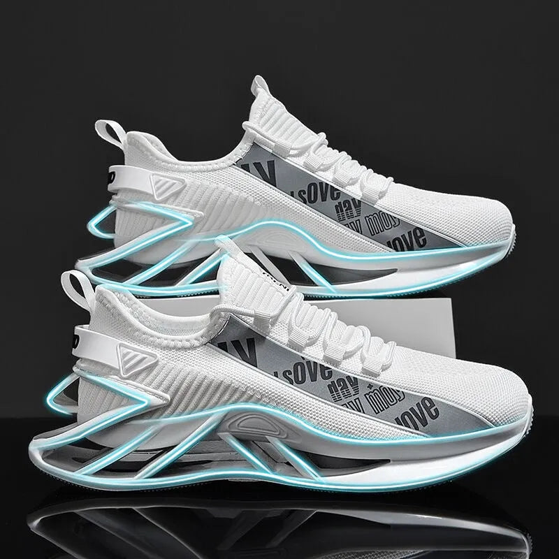 Men's casual exercise shoes with fly woven mesh upper in four colour options showing embroidery detailing