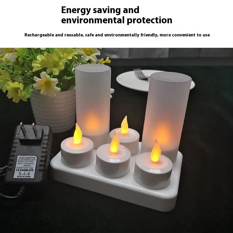 6-seat LED charging electric candle lamp set with white shell base, six yellow candle cores, cup covers, and charger