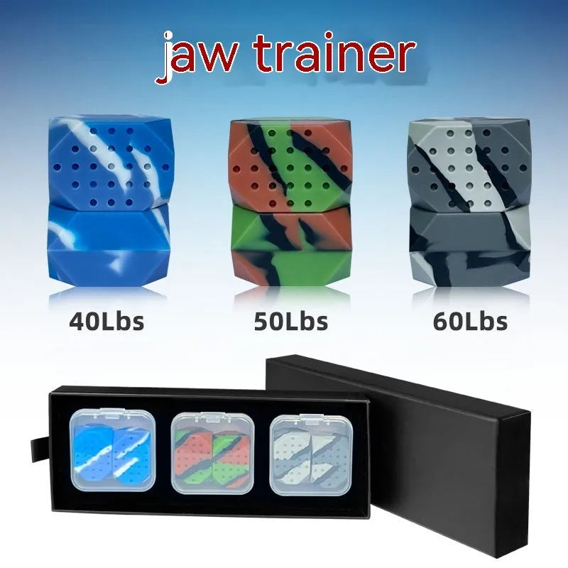 Two silicone camouflage-style facial muscle fitness balls for jaw training in transparent boxes.