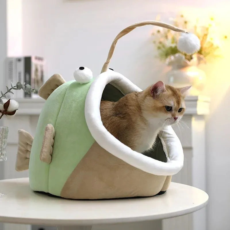 Semi-closed grey deerskin velvet pet house for cats or small dogs