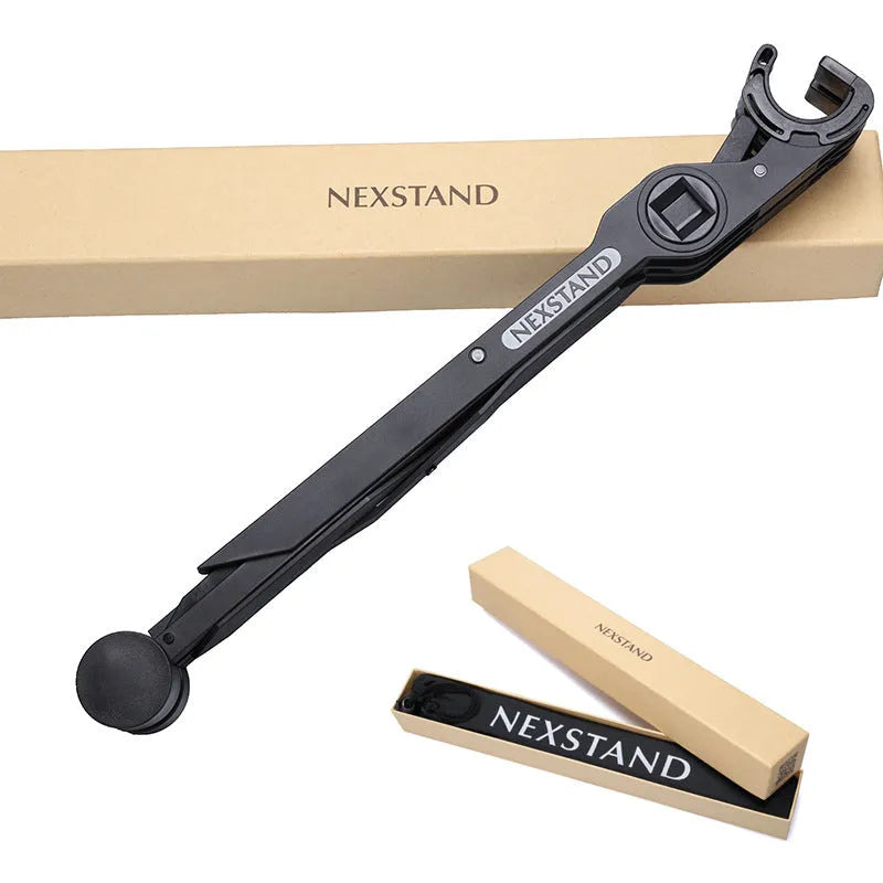 Black folding laptop stand made of reinforced nylon, shown both open and folded to 4 cm