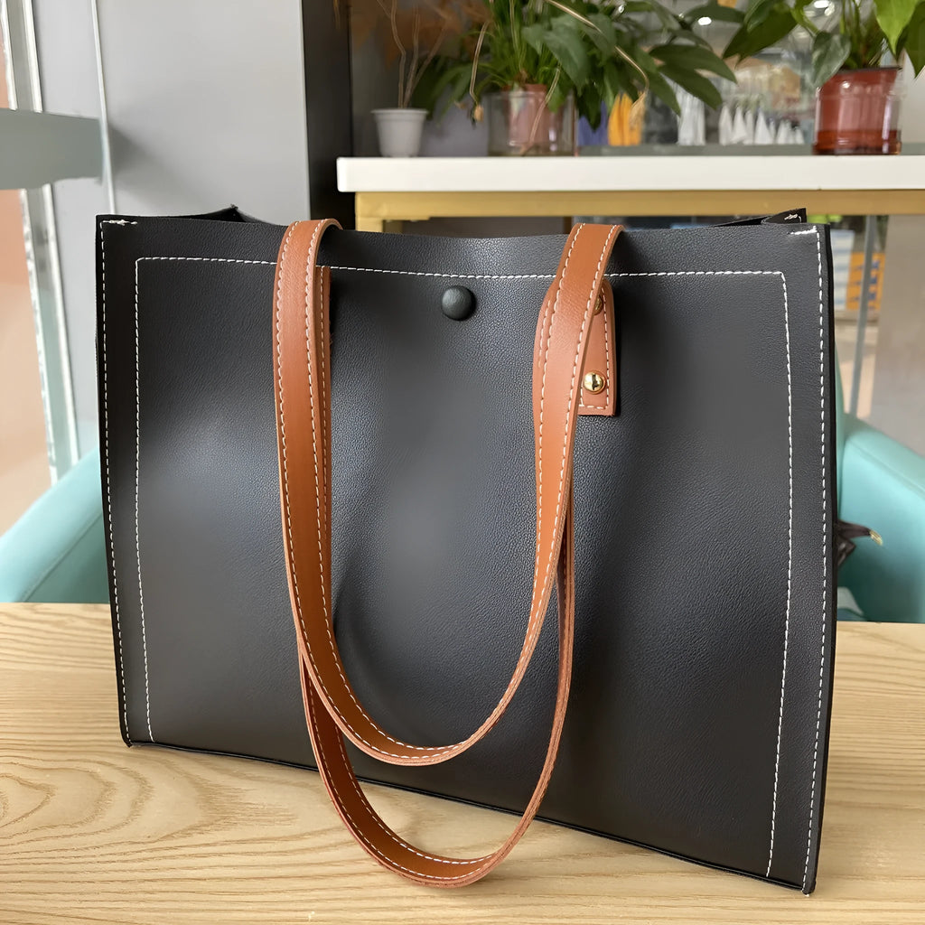 PU embossed crossbody tote bag with contrast colour stitching, horizontal square shape, black and brown option