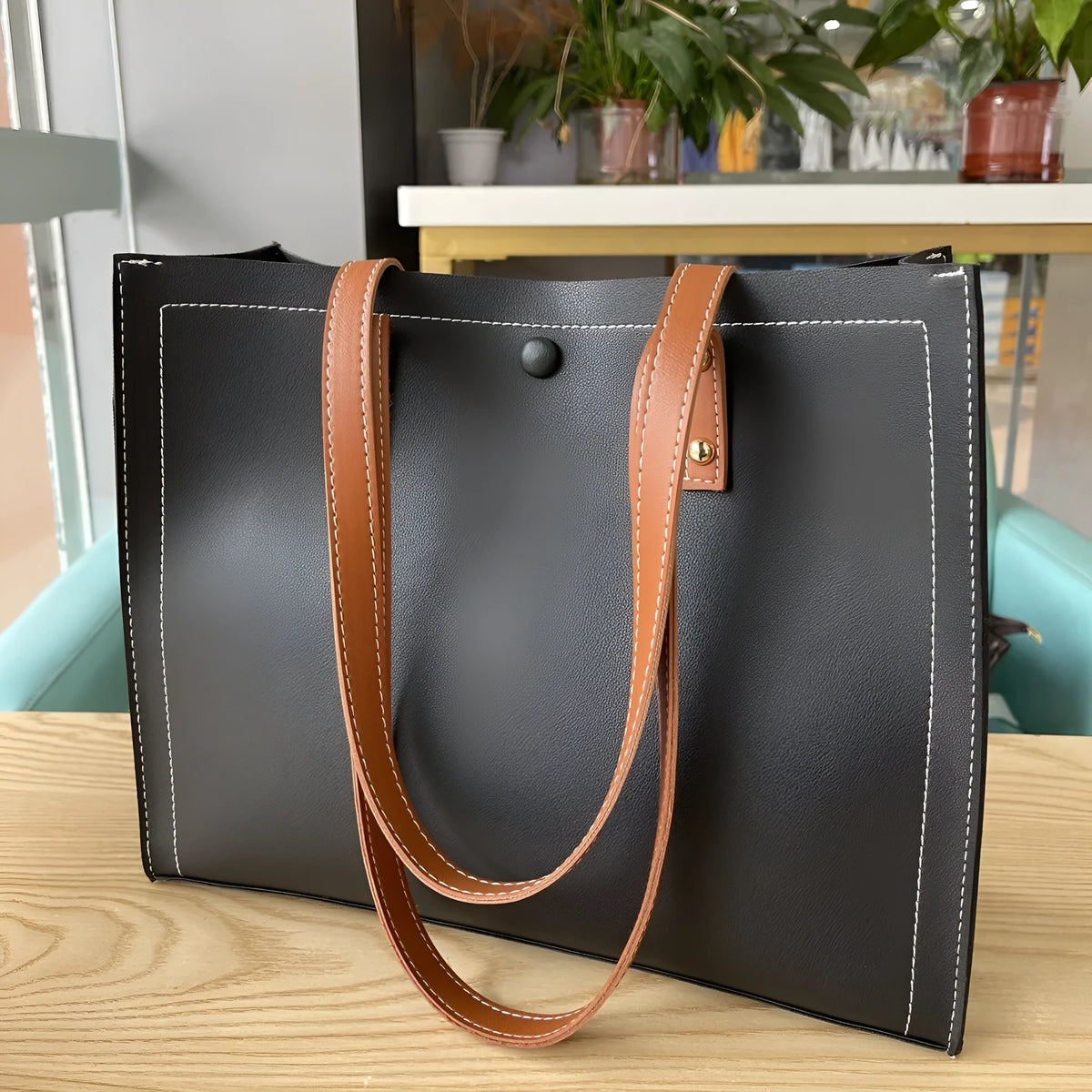 PU embossed crossbody tote bag with contrast colour stitching, horizontal square shape, black and brown option