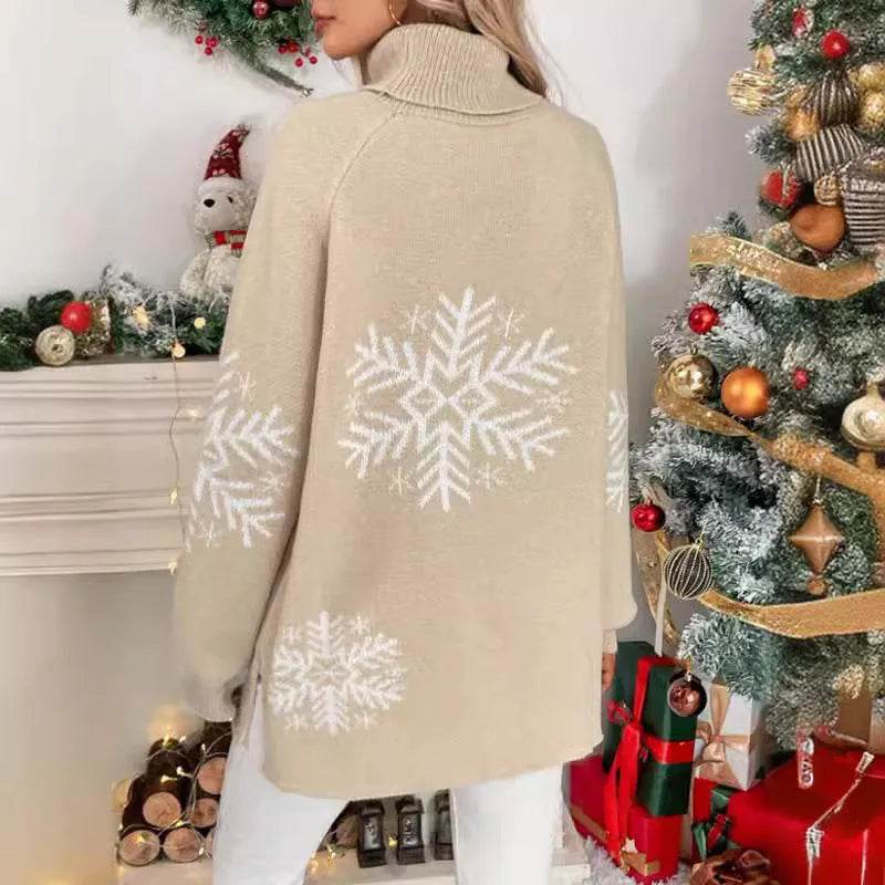 Women's high collar Christmas sweater jacquard knit floral pattern medium length 65cm red black khaki dark green