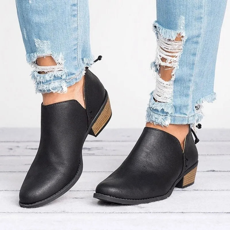 Women's butterfly-knot slip-on ankle boots in faux suede with square heel and pointed toe, available in Beige, Black, and Pink